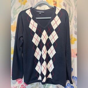 Tommy Hilfiger Navy V-Neck Argyle Sweater with White and Red Accents